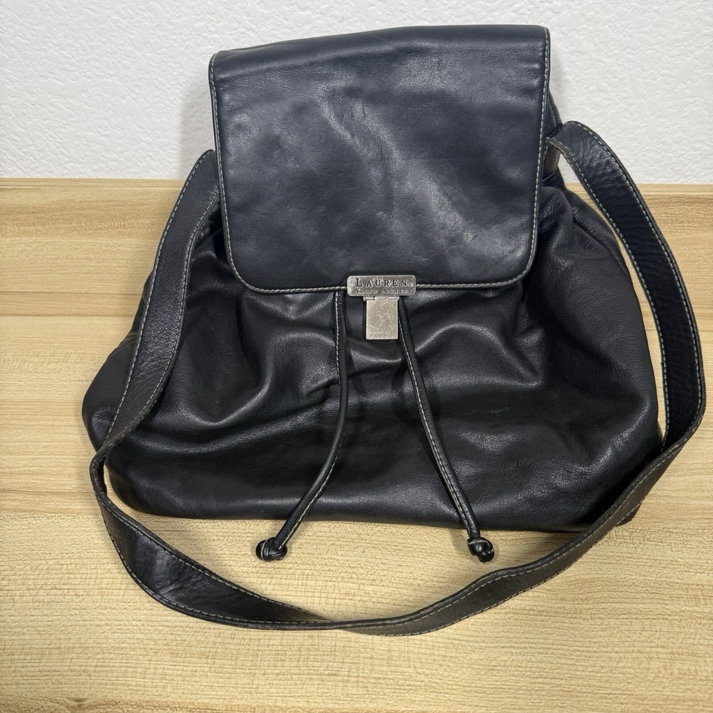 Ralph Lauren Leather Drawstring Bucket Shoulder Bag Hobo Black‎